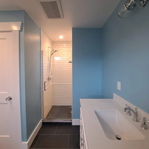 Walk-in shower with white subway tile, a dark hex-tile floor and a glass door beside the vanity